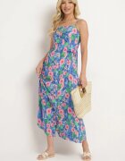cflo Rochie Bleumarin Florală din Viscoză cu Bretele Reglabile și Elastic în Talie Levalia