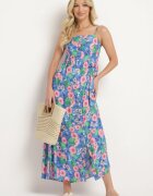 cflo Rochie Bleumarin Florală din Viscoză cu Bretele Reglabile și Elastic în Talie Levalia