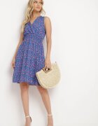 cflo Rochie Bleumarin Viscoză Florală cu Elastic în Talie și Decolteu Petrecut Halevia