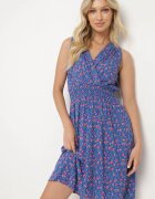 cflo Rochie Bleumarin Viscoză Florală cu Elastic în Talie și Decolteu Petrecut Halevia