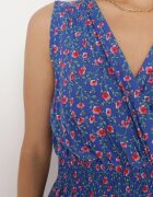 cflo Rochie Bleumarin Viscoză Florală cu Elastic în Talie și Decolteu Petrecut Halevia
