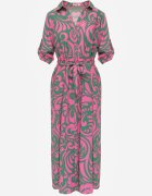 cflo Rochie cămașă Maxi Verde-Roz cu curea din material cu imprimeuri abstracte Terins