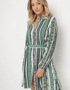 cflo Rochie Cămașă Verde din Viscoză Evazată cu O Cingătoare din Material Sigina