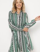 cflo Rochie Cămașă Verde din Viscoză Evazată cu O Cingătoare din Material Sigina