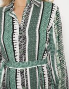 cflo Rochie Cămașă Verde din Viscoză Evazată cu O Cingătoare din Material Sigina