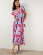 cflo Rochie de cocktail plisată roz-albastră cu decolteu petrecut curea și elastic în talie Anelsea