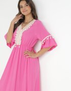 cflo Rochie din viscoză Fucsia Maxi cu Decolteu Decorativ și Elastic în Talie Latava