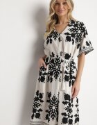 cflo Rochie Dreaptă Albă din Viscoză cu Decolteu în V cu Model Etnic Abrellis