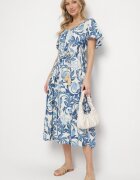 cflo Rochie Dreaptă Albastră din Viscoză Florală cu Decolteu în V Inisara