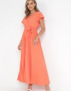cflo Rochie Elegantă Maxi Portocalie cu Pliuri cu Decolteu Petrecut și Legătură Thessi