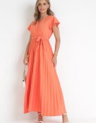 cflo Rochie Elegantă Maxi Portocalie cu Pliuri cu Decolteu Petrecut și Legătură Thessi