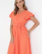 cflo Rochie Elegantă Maxi Portocalie cu Pliuri cu Decolteu Petrecut și Legătură Thessi