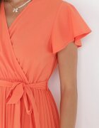 cflo Rochie Elegantă Maxi Portocalie cu Pliuri cu Decolteu Petrecut și Legătură Thessi