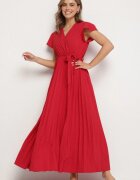 cflo Rochie Elegantă Vișinie Maxi cu Pliuri cu Decolteu Petrecut și Legătură Thessi