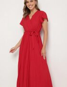 cflo Rochie Elegantă Vișinie Maxi cu Pliuri cu Decolteu Petrecut și Legătură Thessi