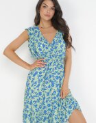 cflo Rochie Evazată Verde deschis din Viscoză Decorată cu Imprimeu Metalic Elulaia