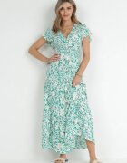 cflo Rochie Evazată Verde deschisă Maxi din Viscoză cu Elastic în Talie cu Nasturi Denim