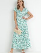 cflo Rochie Evazată Verde deschisă Maxi din Viscoză cu Elastic în Talie cu Nasturi Denim