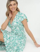 cflo Rochie Evazată Verde deschisă Maxi din Viscoză cu Elastic în Talie cu Nasturi Denim