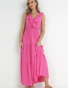 cflo Rochie Fucsia Maxi cu Gumă încrețită în Talie și Legătură la Spate Vaida