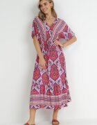 cflo Rochie Fucsia Midi din Vâscoză cu Elastic în Talie cu Mâneci Largi Damatia