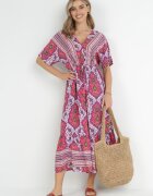 cflo Rochie Fucsia Midi din Vâscoză cu Elastic în Talie cu Mâneci Largi Damatia