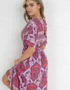 cflo Rochie Fucsia Midi din Vâscoză cu Elastic în Talie cu Mâneci Largi Damatia