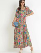 cflo Rochie Fucsia-Verde Evazată Maxi cu Volan din Vâscoză Sehna