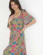cflo Rochie Fucsia-Verde Evazată Maxi cu Volan din Vâscoză Sehna