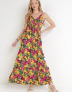 cflo Rochie Galben-Fucsia din Vâscoză cu Imprimeu Floral și Decolteu Petrecut Gelia
