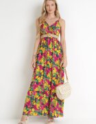 cflo Rochie Galben-Fucsia din Vâscoză cu Imprimeu Floral și Decolteu Petrecut Gelia
