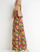 cflo Rochie Galben-Fucsia din Vâscoză cu Imprimeu Floral și Decolteu Petrecut Gelia