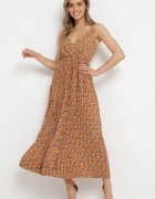 cflo Rochie Galbenă Florală cu bretele cu fustă plisată și cu bust petrecut Pyralia