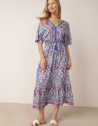 cflo Rochie Maxi Albastru-Fuchsia din Viscoză în Stil Boho cu Model Paisley și Elastic în Talie Naroli