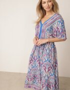 cflo Rochie Maxi Albastru-Fuchsia din Viscoză în Stil Boho cu Model Paisley și Elastic în Talie Naroli