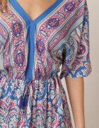 cflo Rochie Maxi Albastru-Fuchsia din Viscoză în Stil Boho cu Model Paisley și Elastic în Talie Naroli
