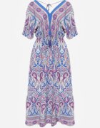 cflo Rochie Maxi Albastru-Fuchsia din Viscoză în Stil Boho cu Model Paisley și Elastic în Talie Naroli