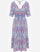 cflo Rochie Maxi Albastru-Fuchsia din Viscoză în Stil Boho cu Model Paisley și Elastic în Talie Naroli