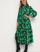 cflo Rochie Maxi Cloș Verde-Negru cu Flori Abstracte cu Nasturi la Decolteu Millara