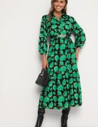 cflo Rochie Maxi Cloș Verde-Negru cu Flori Abstracte cu Nasturi la Decolteu Millara
