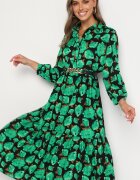 cflo Rochie Maxi Cloș Verde-Negru cu Flori Abstracte cu Nasturi la Decolteu Millara