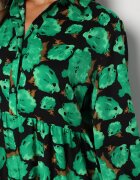 cflo Rochie Maxi Cloș Verde-Negru cu Flori Abstracte cu Nasturi la Decolteu Millara