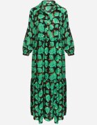 cflo Rochie Maxi Cloș Verde-Negru cu Flori Abstracte cu Nasturi la Decolteu Millara