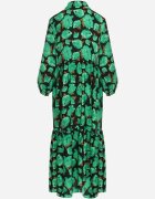 cflo Rochie Maxi Cloș Verde-Negru cu Flori Abstracte cu Nasturi la Decolteu Millara