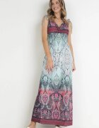 cflo Rochie Maxi Evazată Bordeaux și Albastru cu Benzi Elastice Subțiri în Talie și Decolteu Petrecut Clothilda