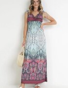 cflo Rochie Maxi Evazată Bordeaux și Albastru cu Benzi Elastice Subțiri în Talie și Decolteu Petrecut Clothilda