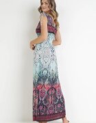 cflo Rochie Maxi Evazată Bordeaux și Albastru cu Benzi Elastice Subțiri în Talie și Decolteu Petrecut Clothilda