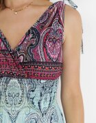 cflo Rochie Maxi Evazată Bordeaux și Albastru cu Benzi Elastice Subțiri în Talie și Decolteu Petrecut Clothilda