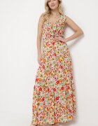 cflo Rochie Maxi Galben-Roșie cu Decolteu Triunghiular și Motiv Floral cu Volan Moraila