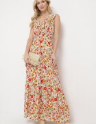 cflo Rochie Maxi Galben-Roșie cu Decolteu Triunghiular și Motiv Floral cu Volan Moraila